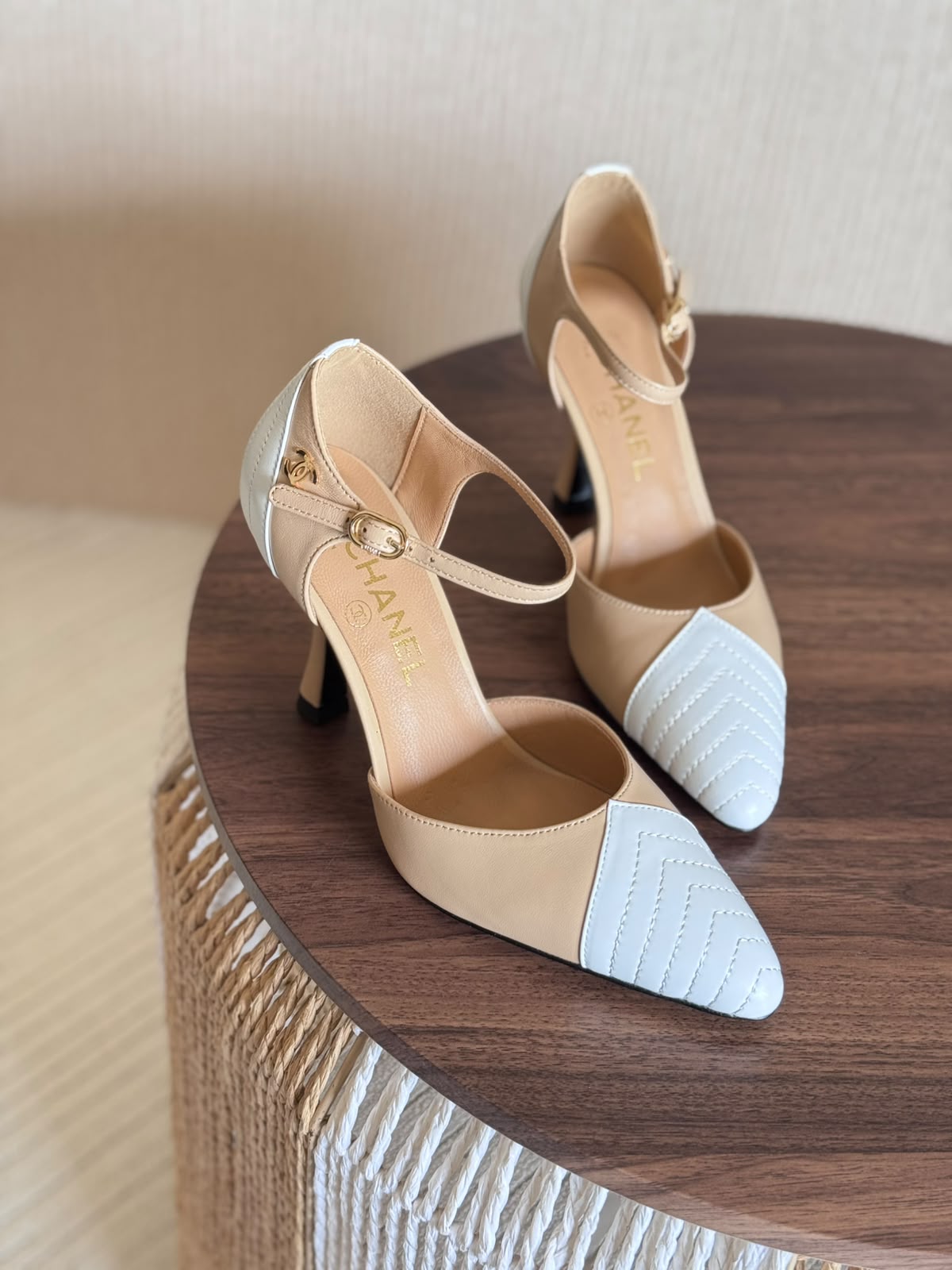 Chanel Pointed Toe White & Beige Slingback Sandals
