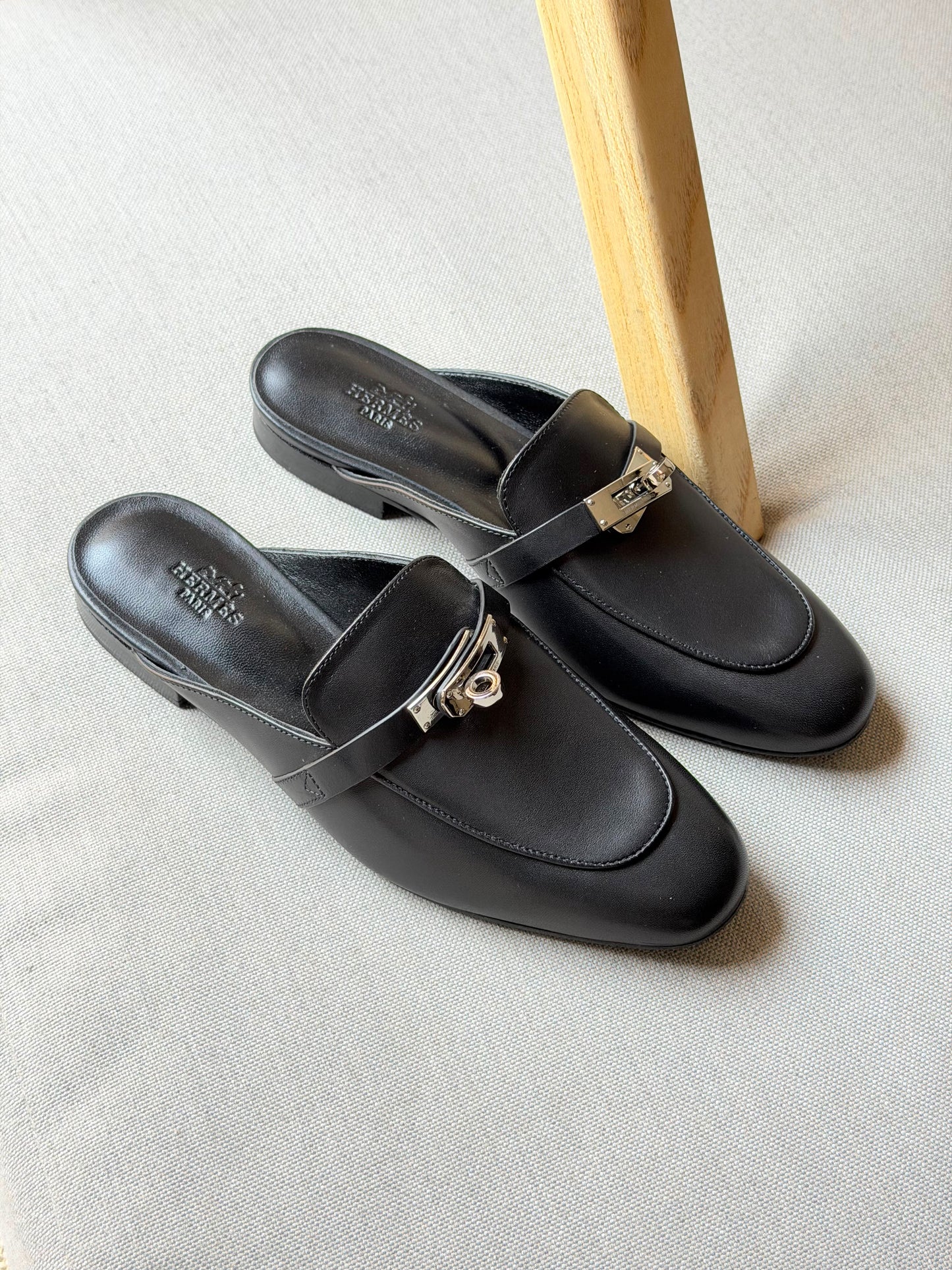 Hermes Elegant Black Leather Mule Loafers