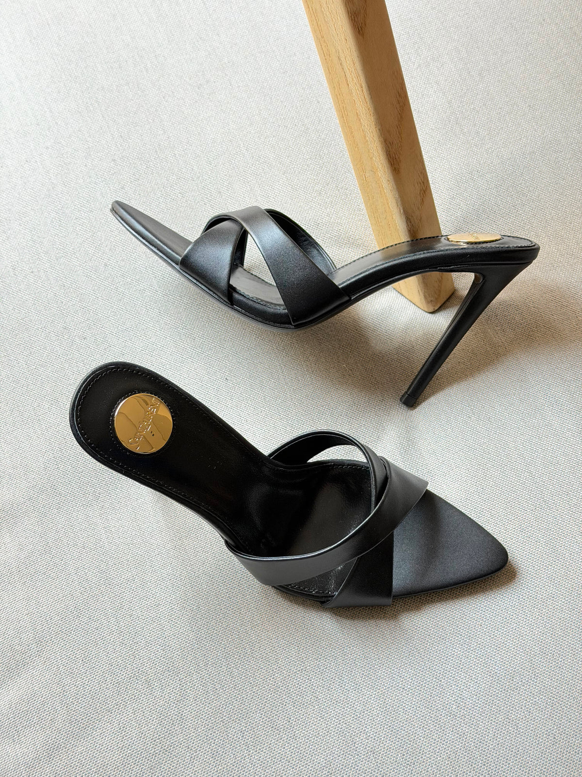 YSL Black Pointed Open Toe Calfskin Leather