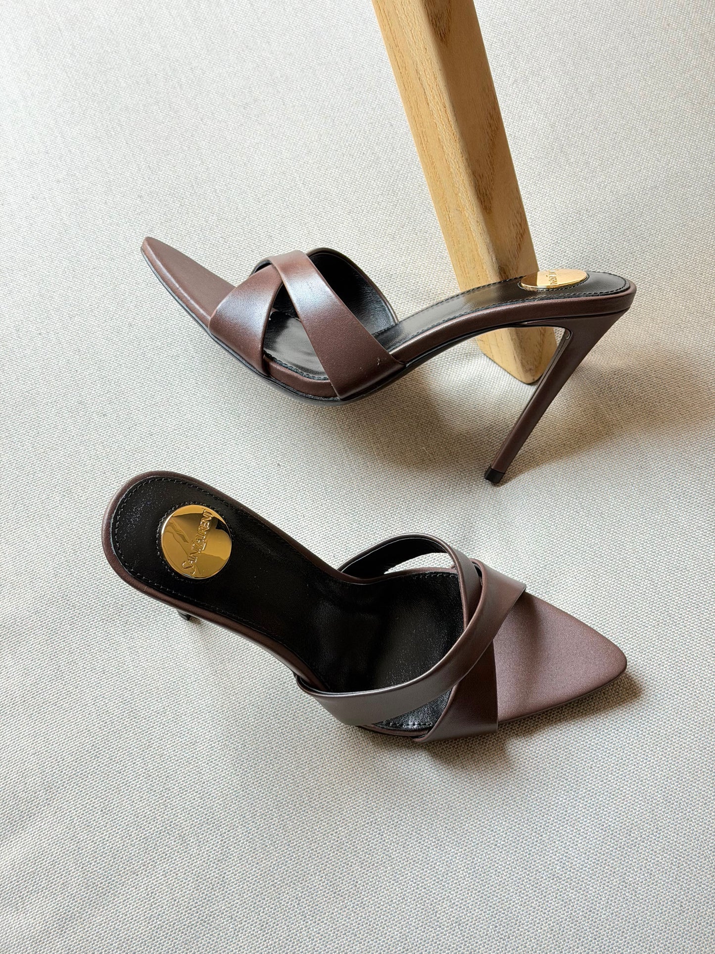 YSL Black Pointed Open Toe Calfskin Leather