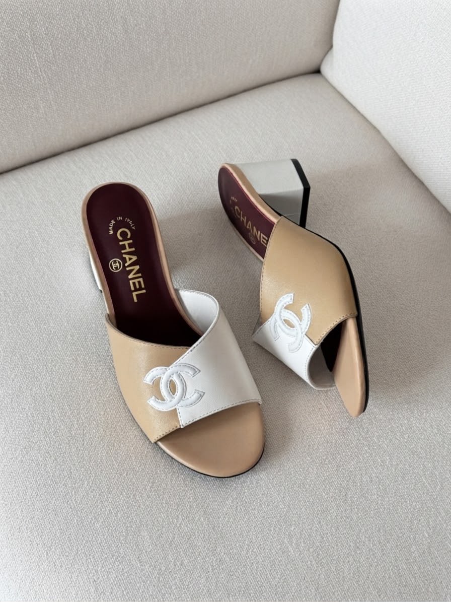 Chanel CC Logo Lambskin Leather Two Tone Semi Heels