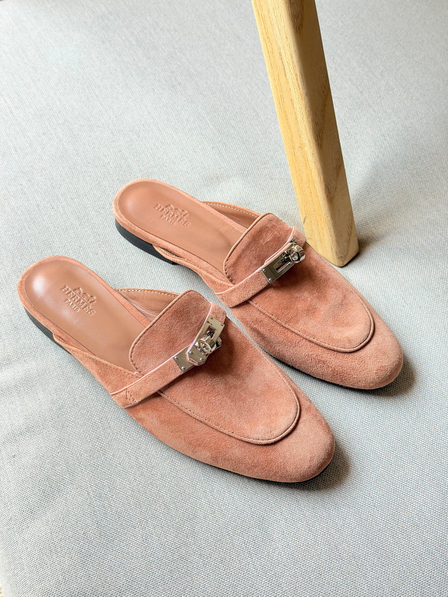 Hermes Elegant Light Pink Suede Mule Loafers