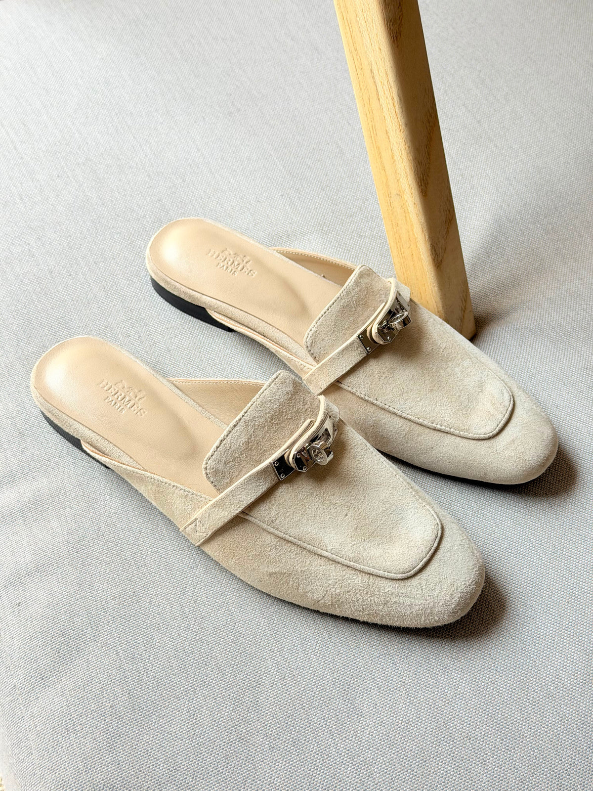 Hermes Elegant Beige Suede Mule Loafers
