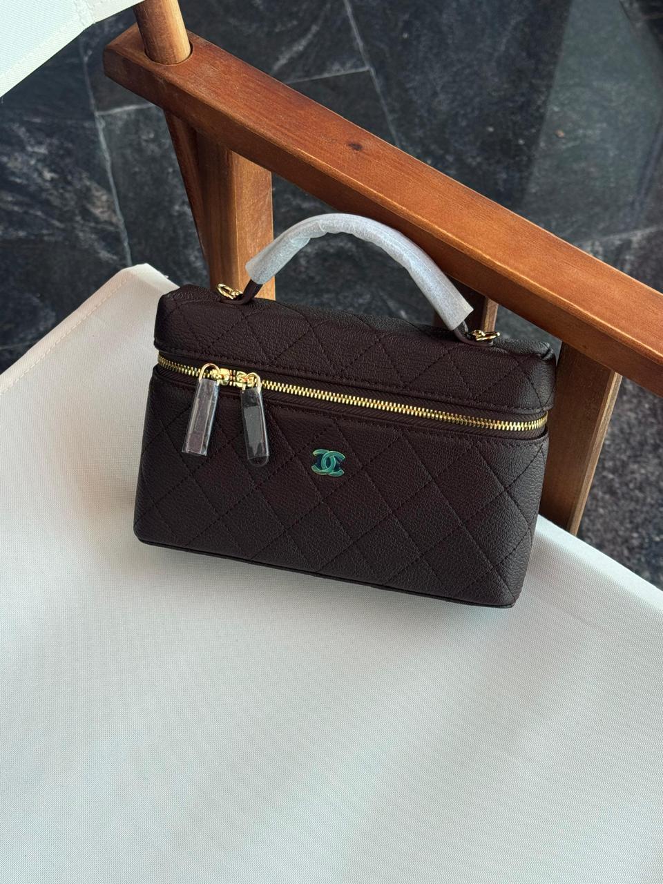Chanel Slim Vanity Top Handle Handbag Caviar Leather With Chain