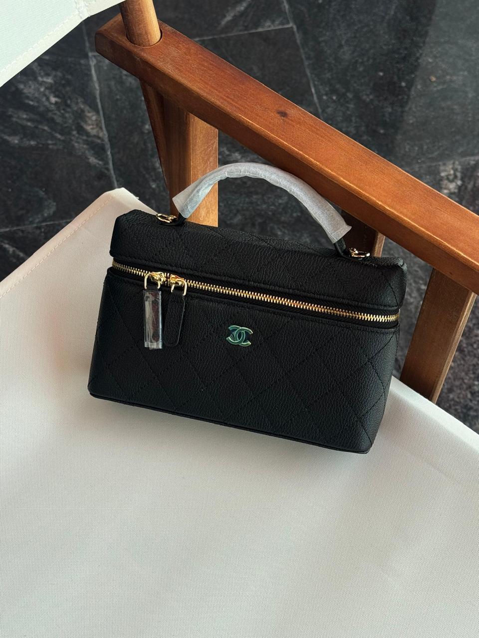Chanel Slim Vanity Top Handle Handbag Caviar Leather With Chain