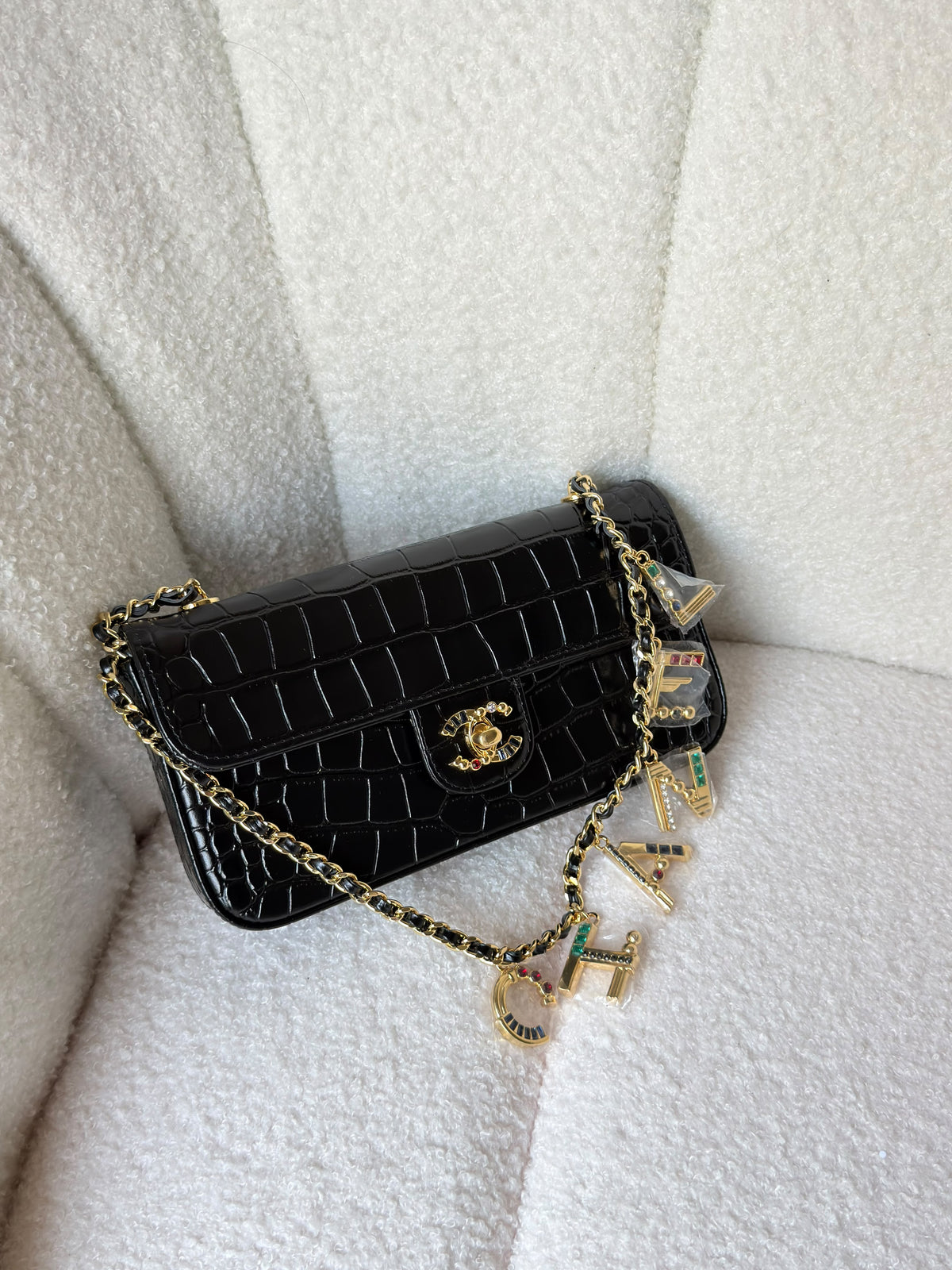Chanel Crocodile Embossed Leather With Golden Chain - 20 cm