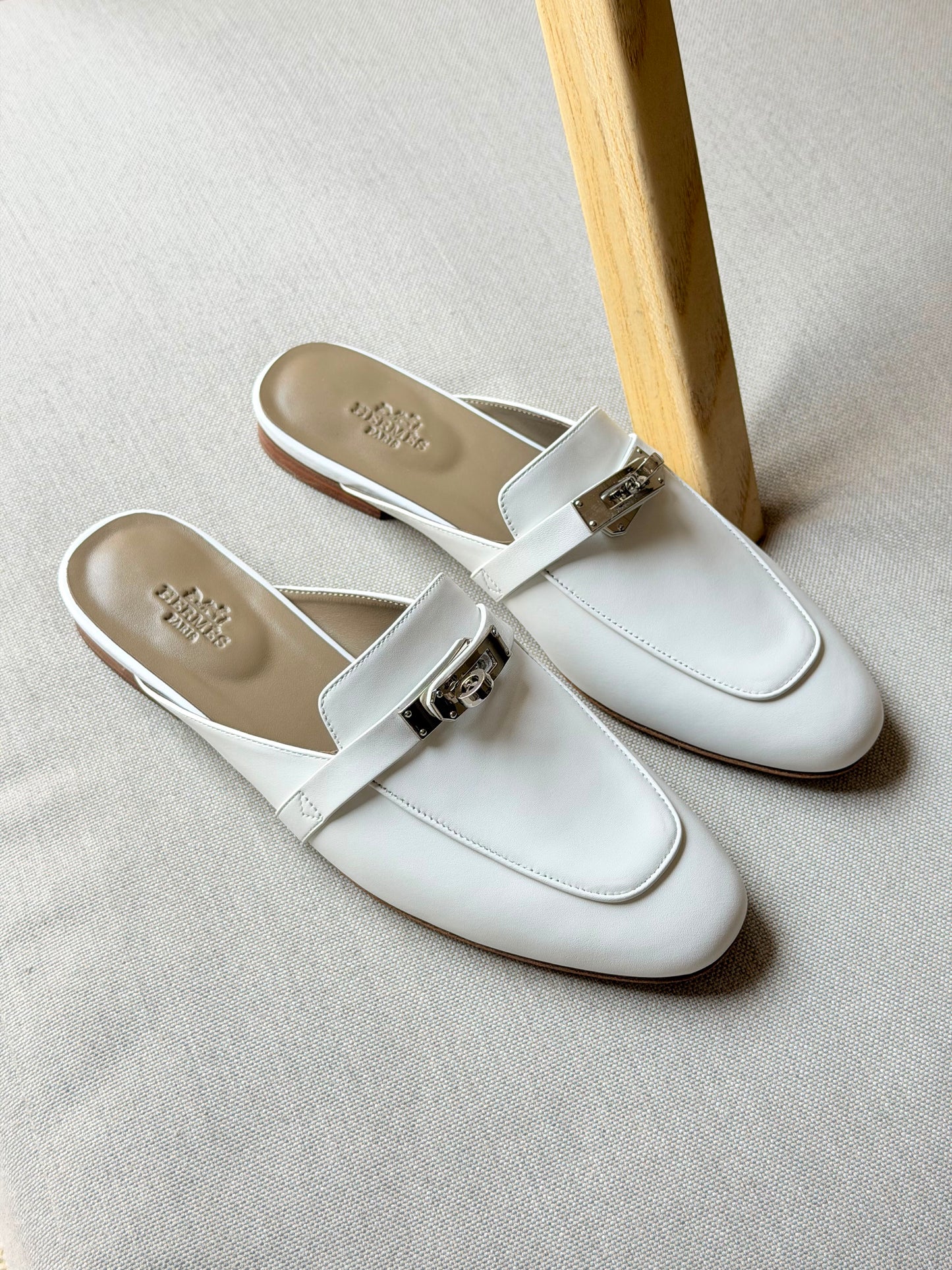 Hermes Elegant White Leather Mule Loafers