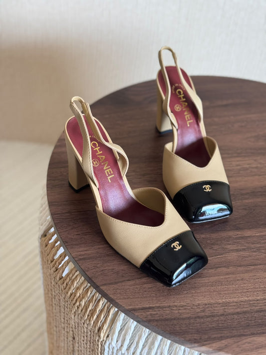 Chanel Black Square Toe Slingback Sandals