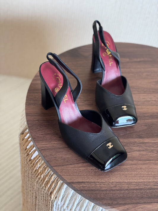 Chanel Black Square Toe Slingback Sandals