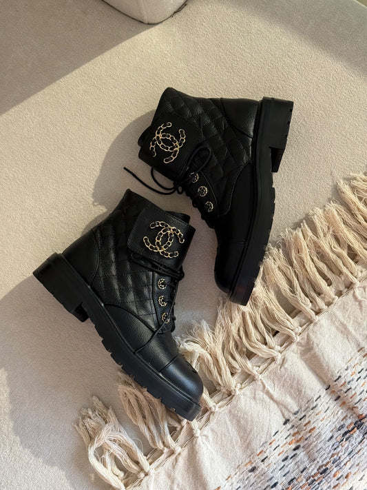 Chanel Combat Black Leather Boot