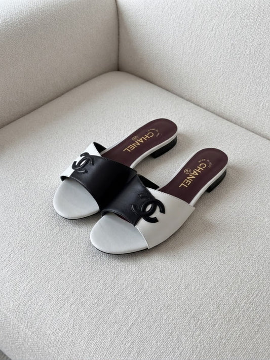 Chanel CC Logo Lambskin Leather Two Tone Flat Mule