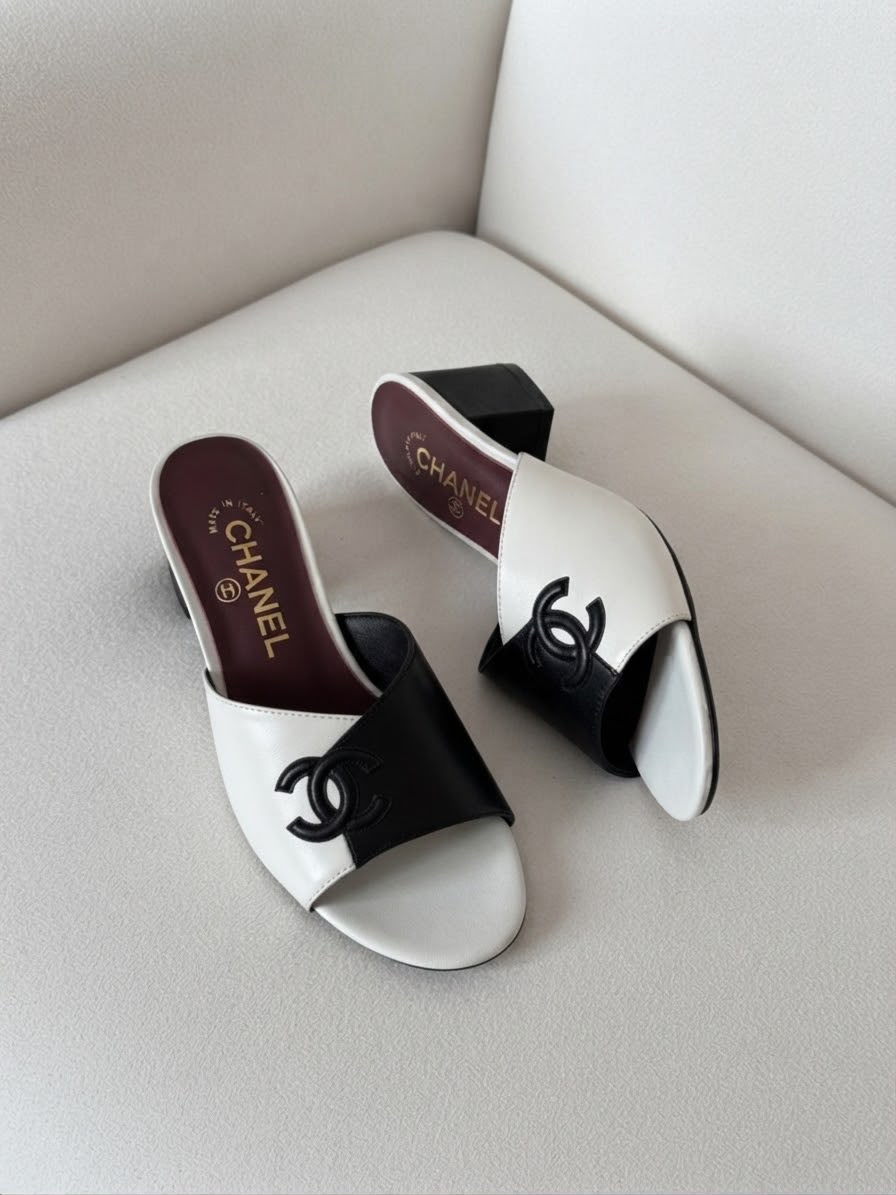 Chanel CC Logo Lambskin Leather Two Tone Semi Heel Mule