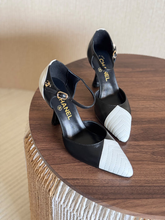 Chanel Pointed Toe White & Black Slingback Sandals