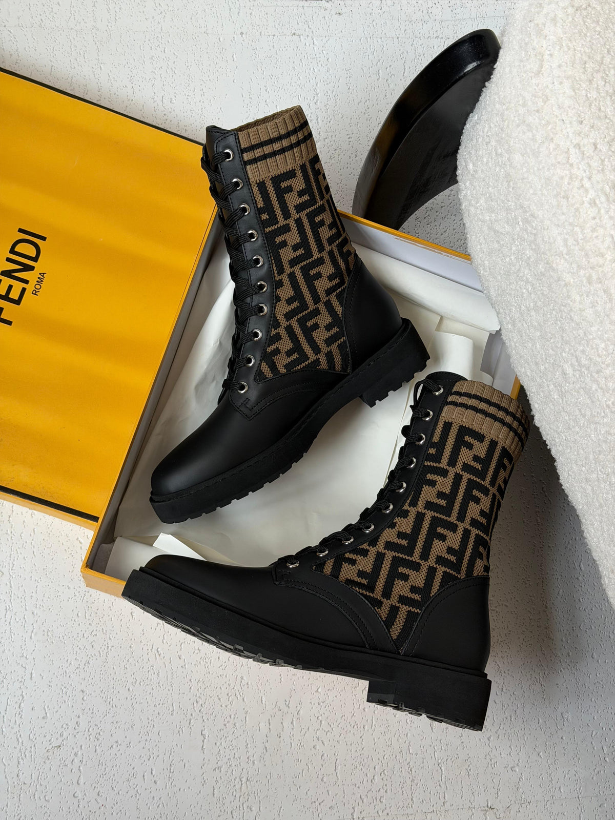 Fendi Black Leather Brown Febric Boots