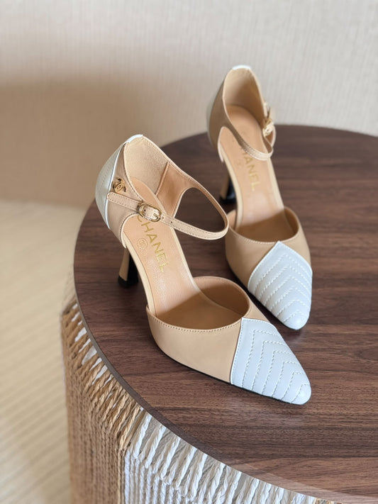 Chanel Pointed Toe White & Beige Slingback Sandals