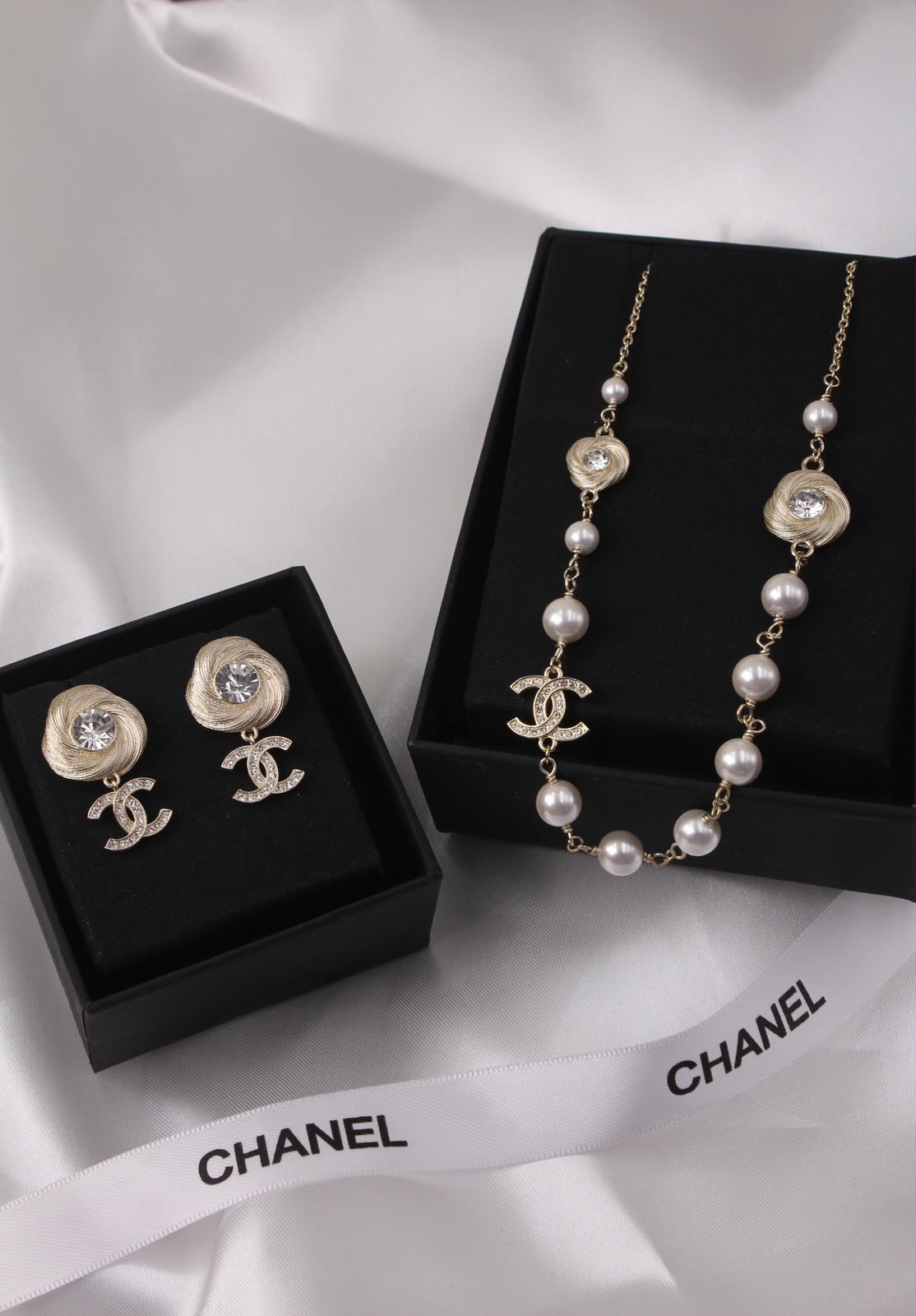 Chanel CC Pearl Necklace & Earrings