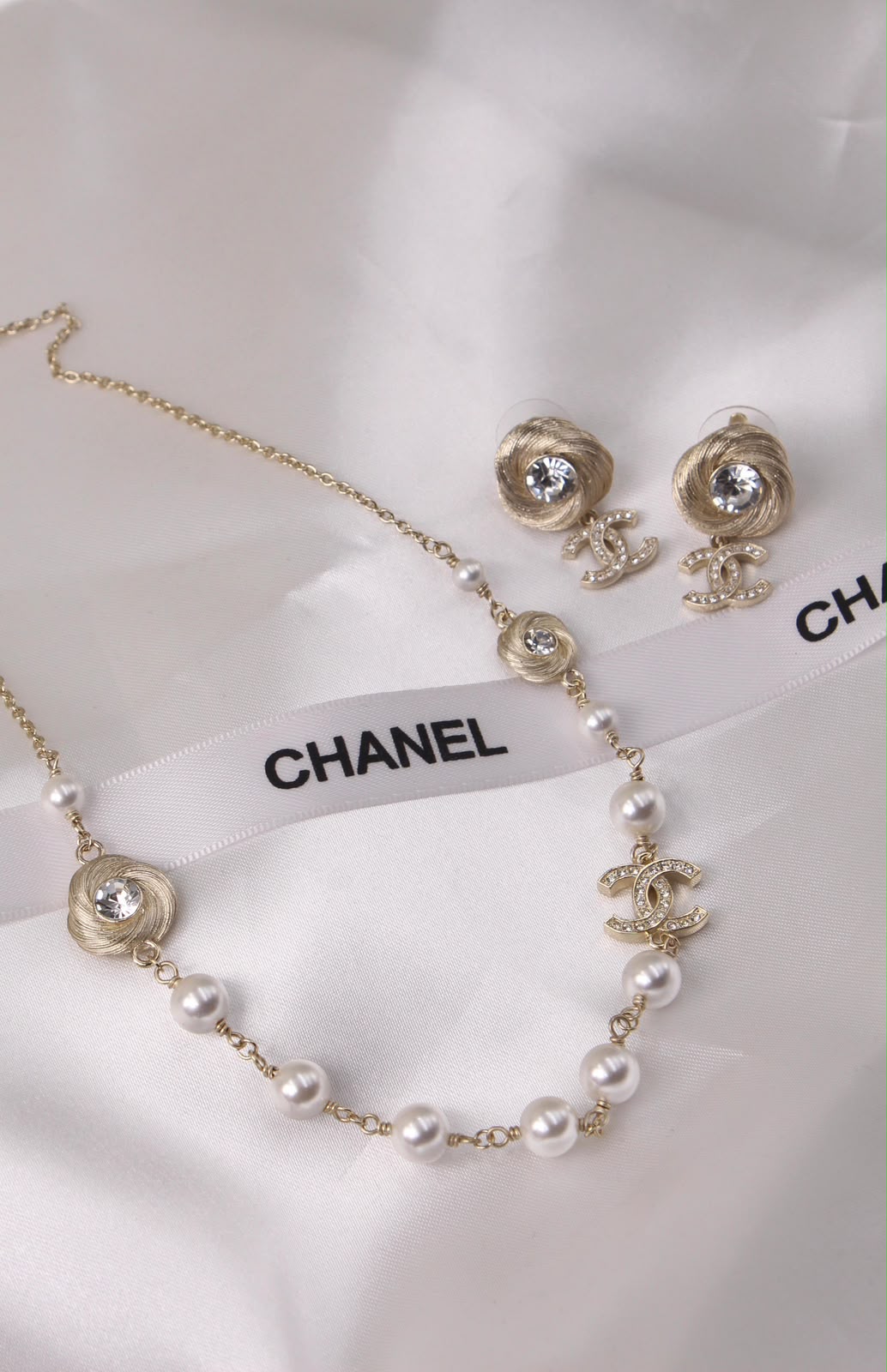 Chanel CC Pearl Necklace & Earrings