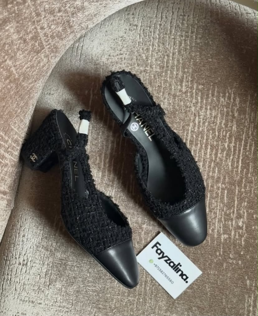 Chanel Black Tweed Pointed-Toe Slingback Pumps