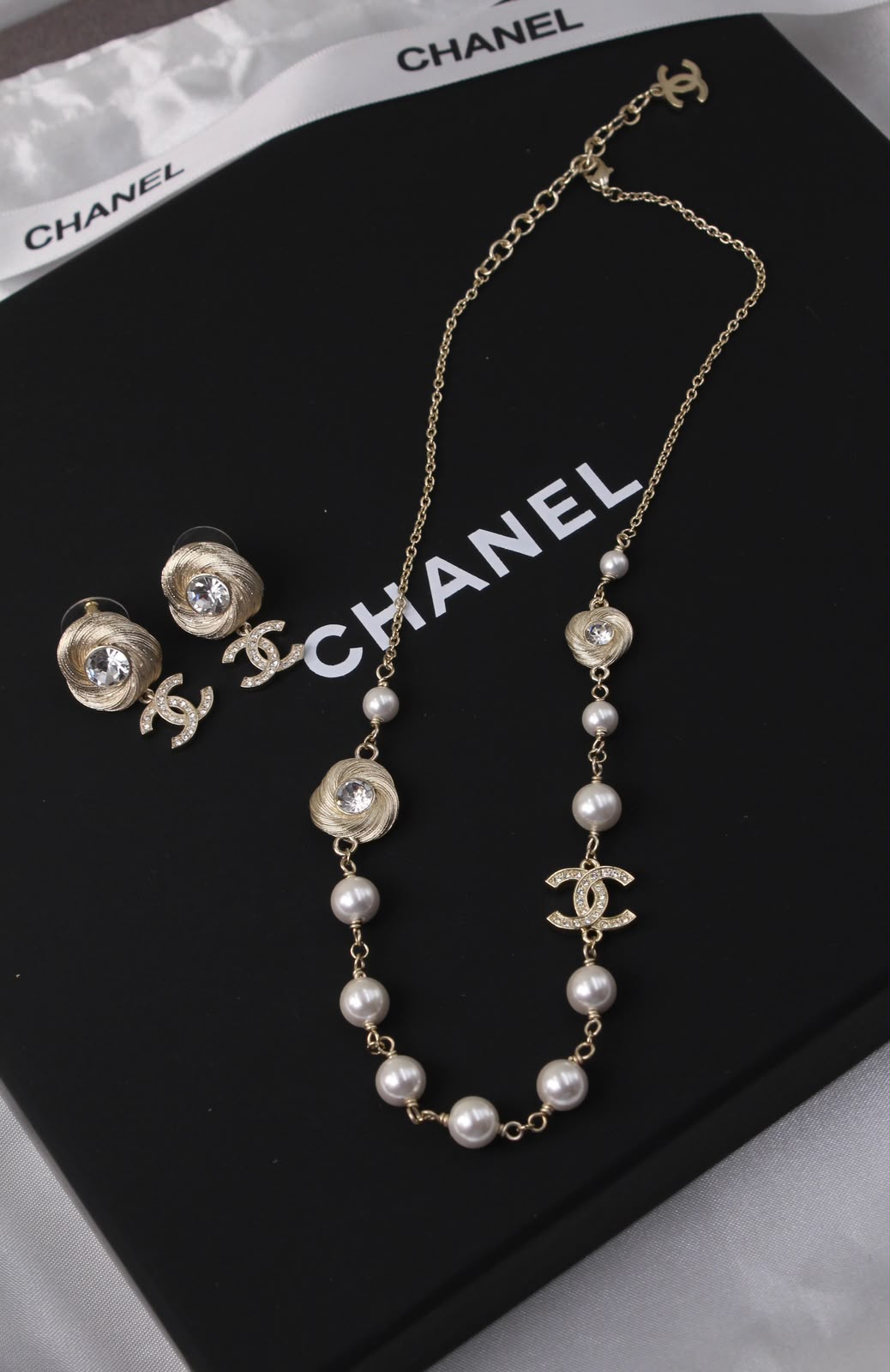 Chanel CC Pearl Necklace & Earrings