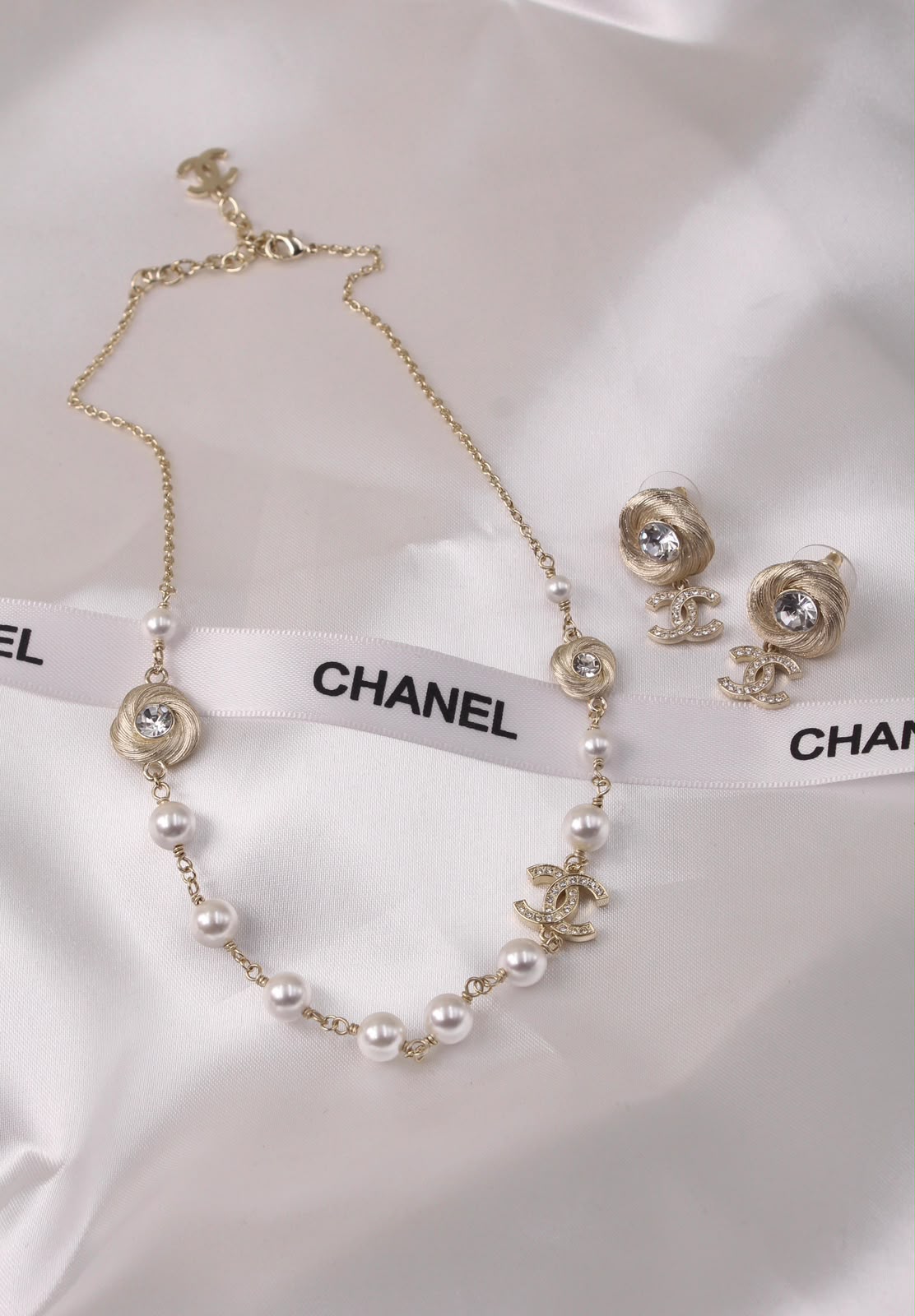 Chanel CC Pearl Necklace & Earrings