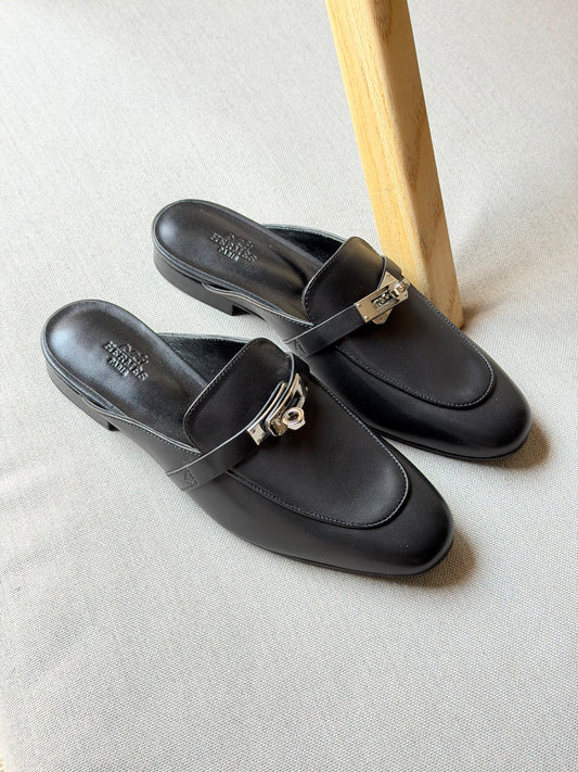 Hermes Elegant Black Leather Mule Loafers