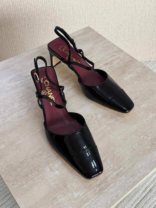 Chanel Shinny Black Slingback Heel