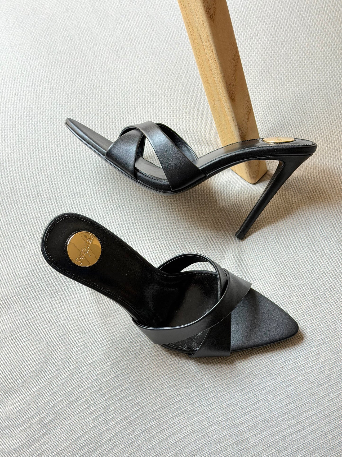 YSL Black Pointed Open Toe Calfskin Leather