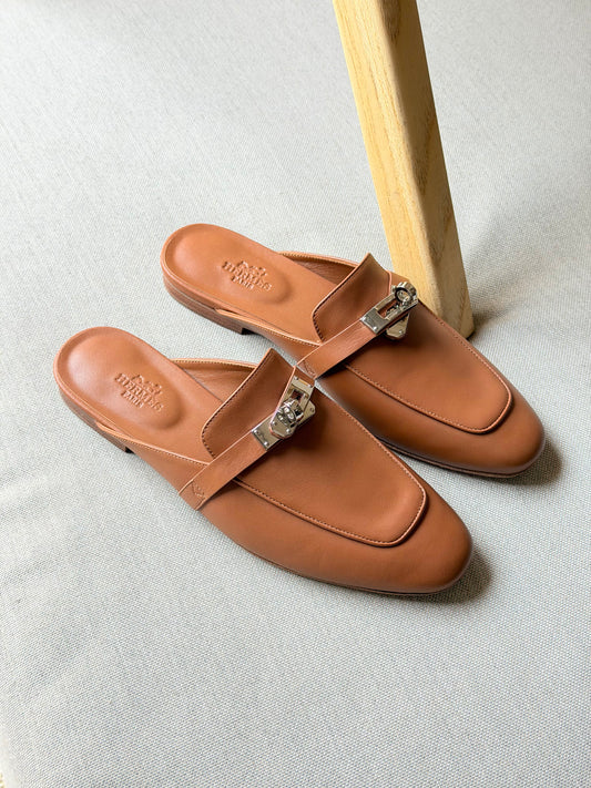 Hermes Elegant Brown Leather Mule Loafers