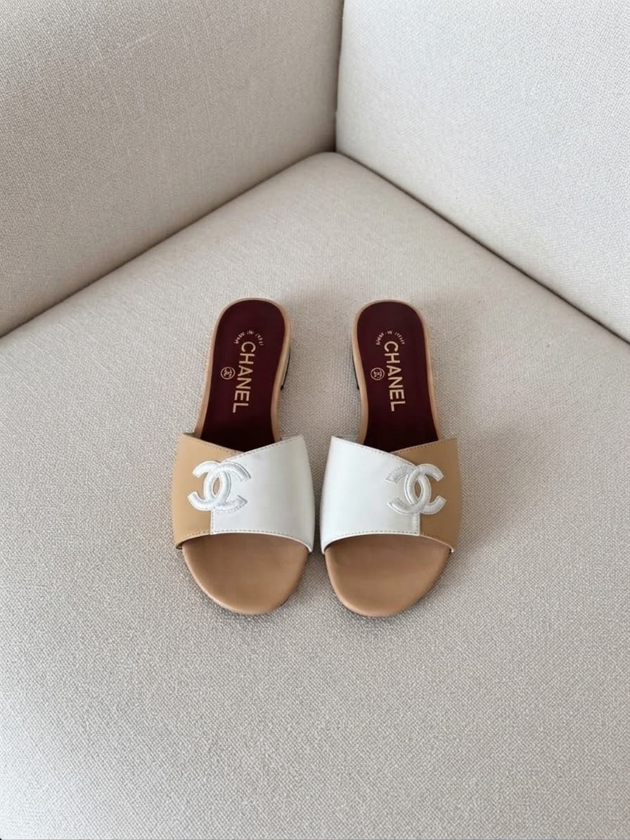 Chanel CC Logo Lambskin Leather Two Tone Flat Mule