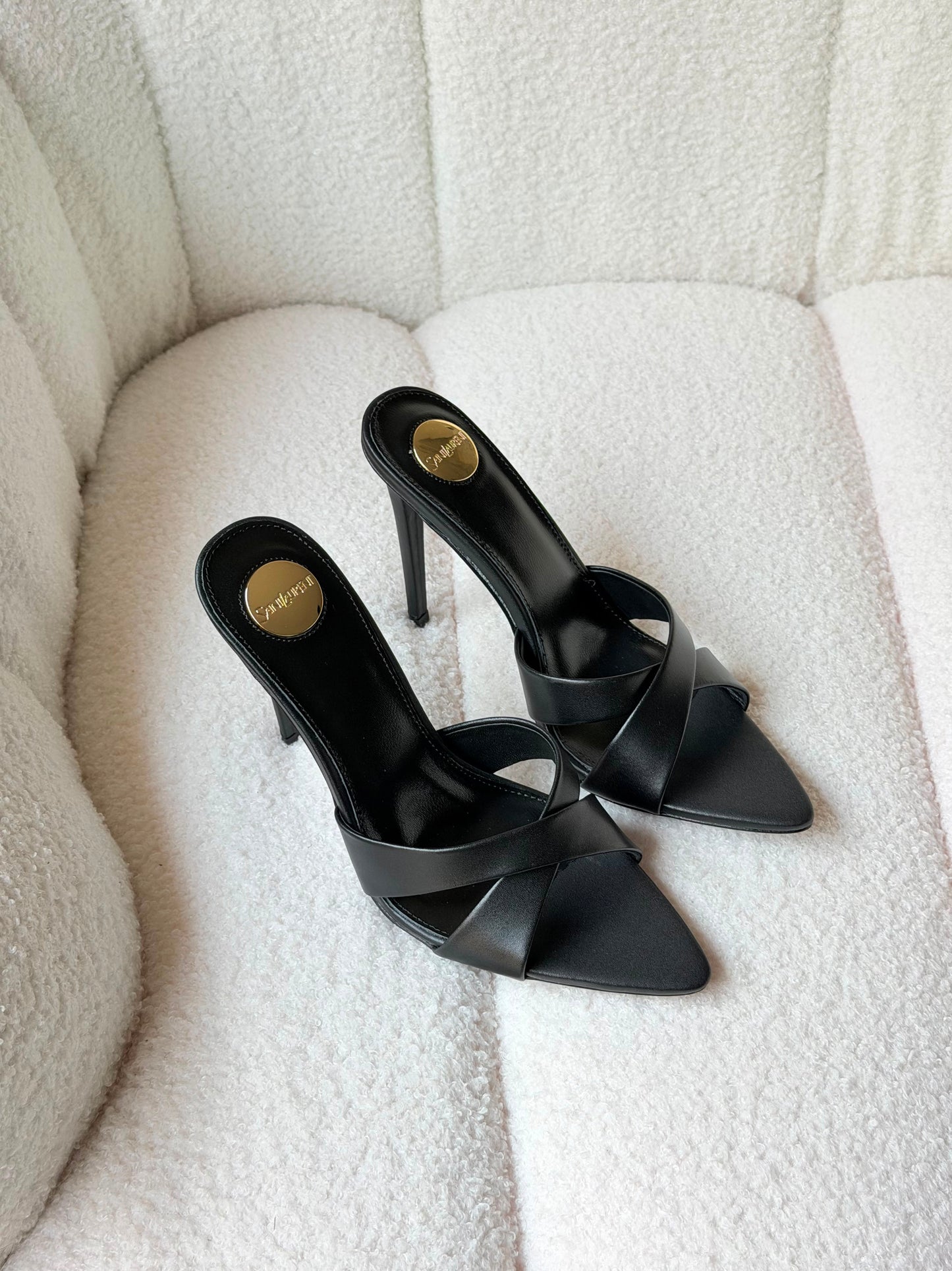 YSL Black Pointed Open Toe Calfskin Leather