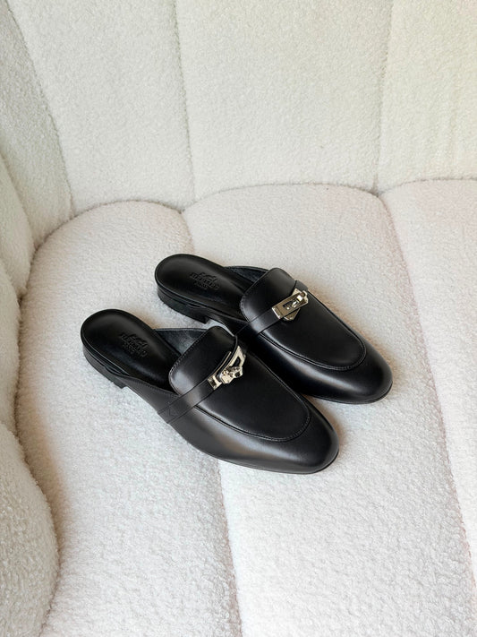 Hermes Elegant Black Leather Mule Loafers