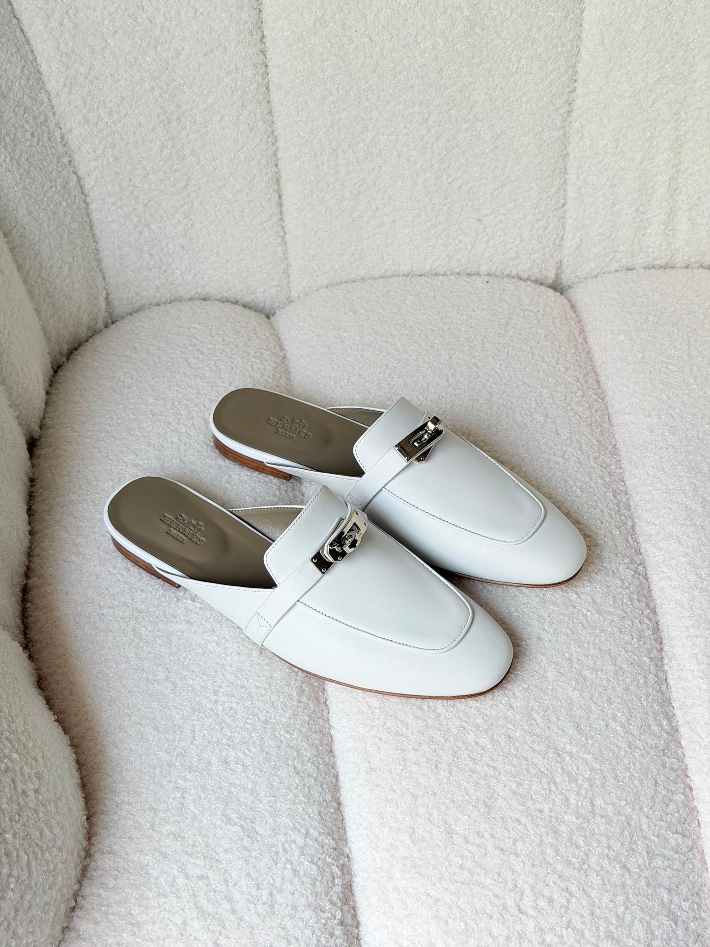 Hermes Elegant White Leather Mule Loafers