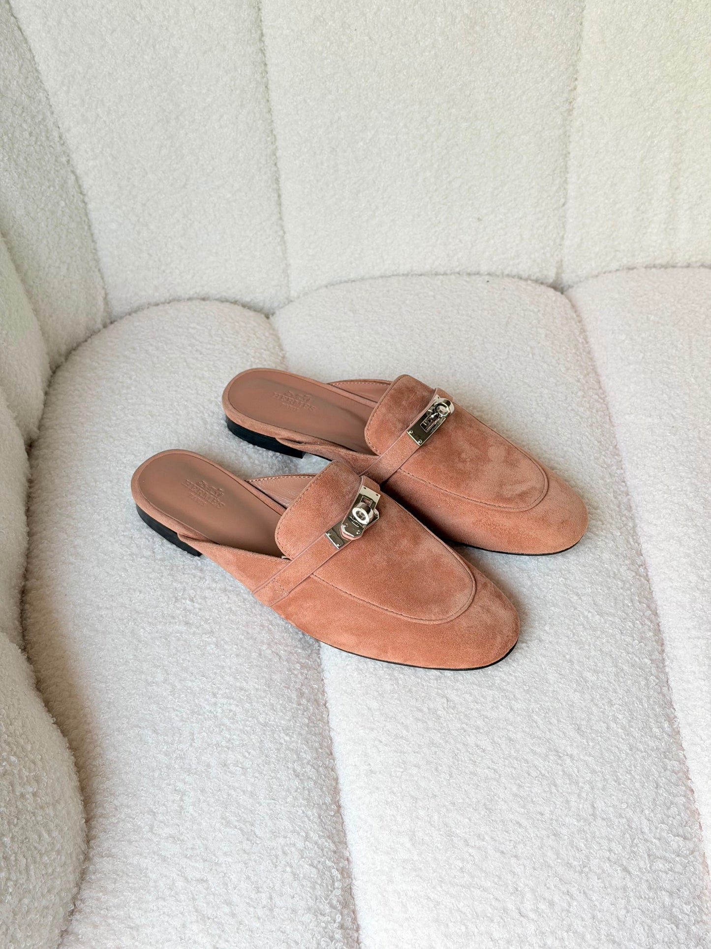Hermes Elegant Light Pink Suede Mule Loafers