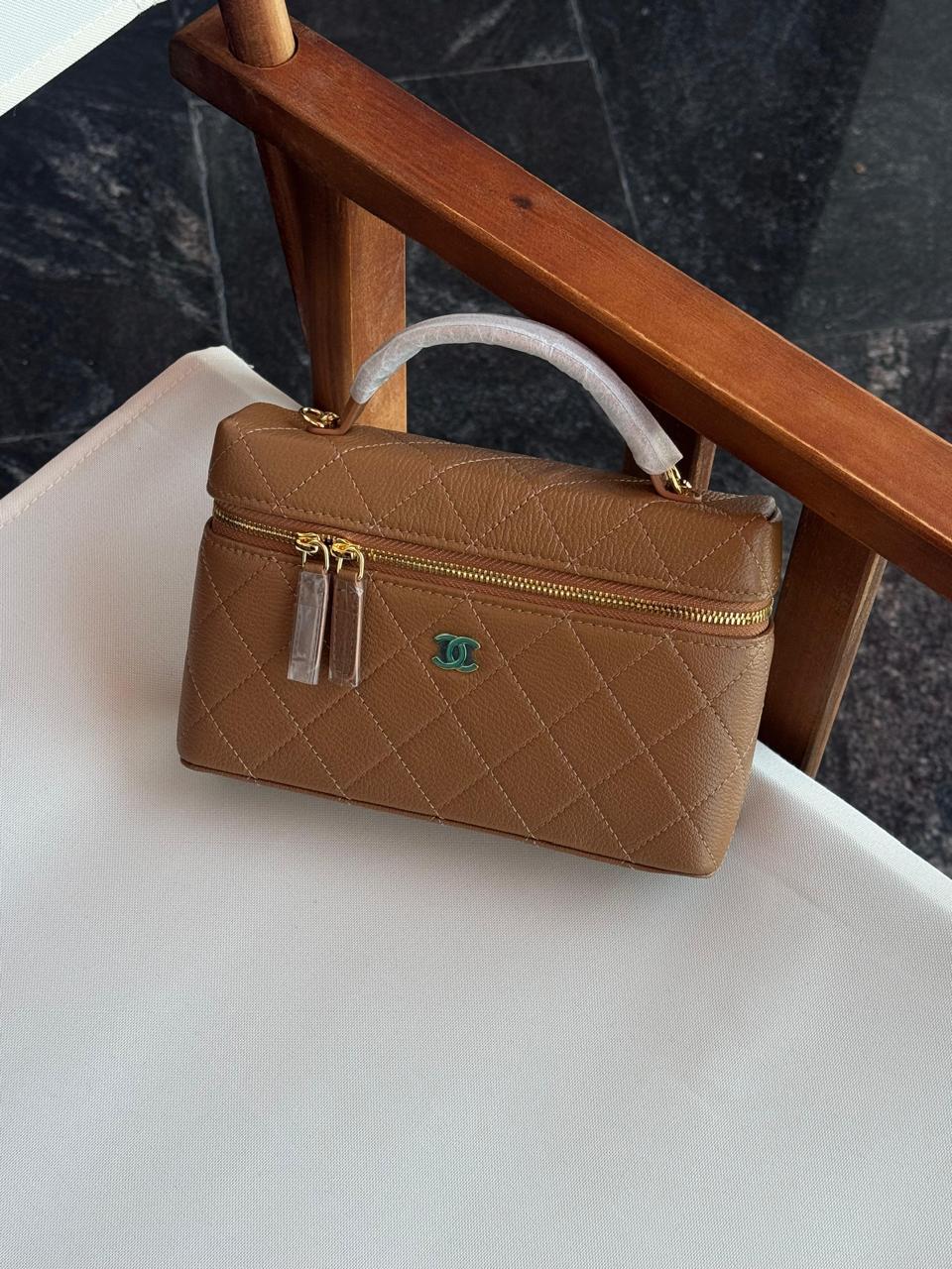 Chanel Slim Vanity Top Handle Handbag Caviar Leather With Chain