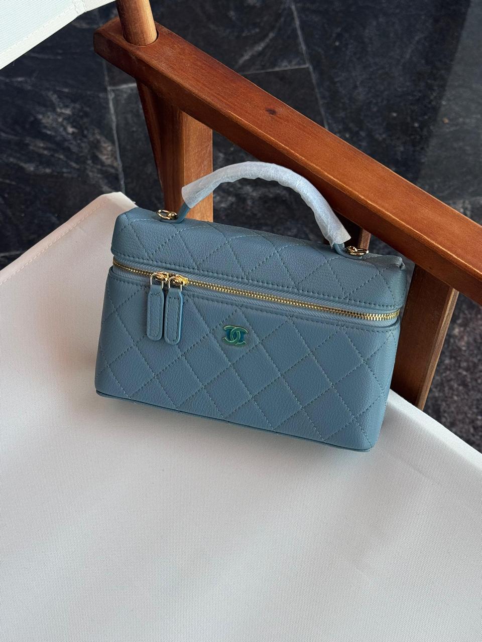 Chanel Slim Vanity Top Handle Handbag Caviar Leather With Chain