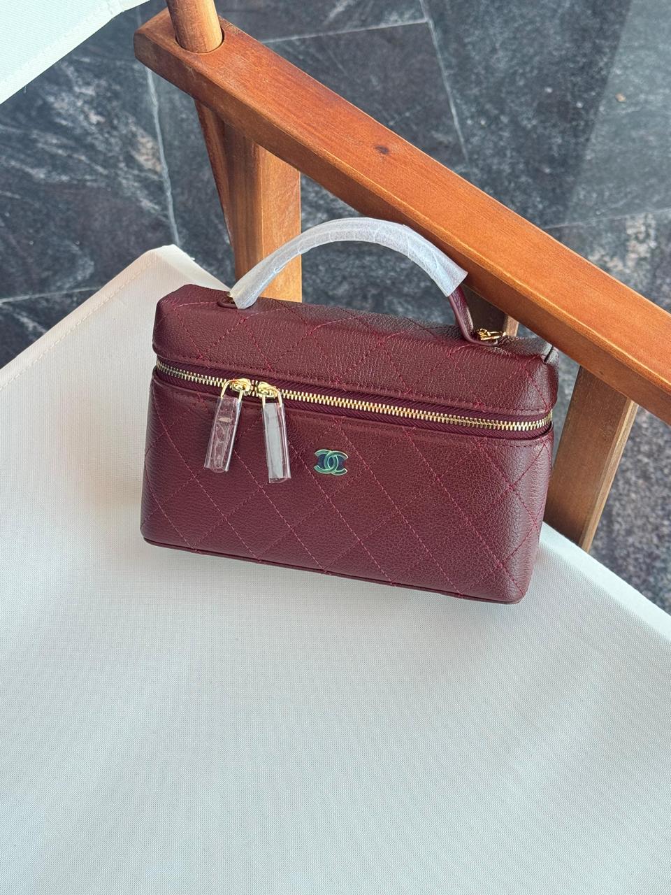 Chanel Slim Vanity Top Handle Handbag Caviar Leather With Chain