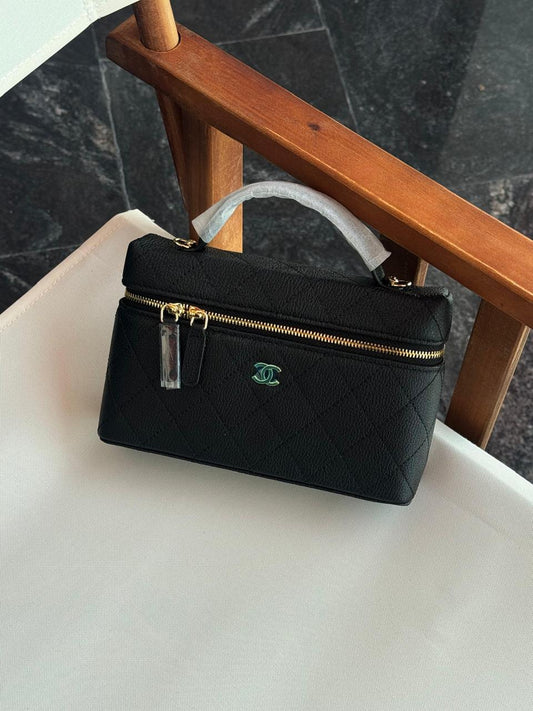 Chanel Slim Vanity Top Handle Handbag Caviar Leather With Chain