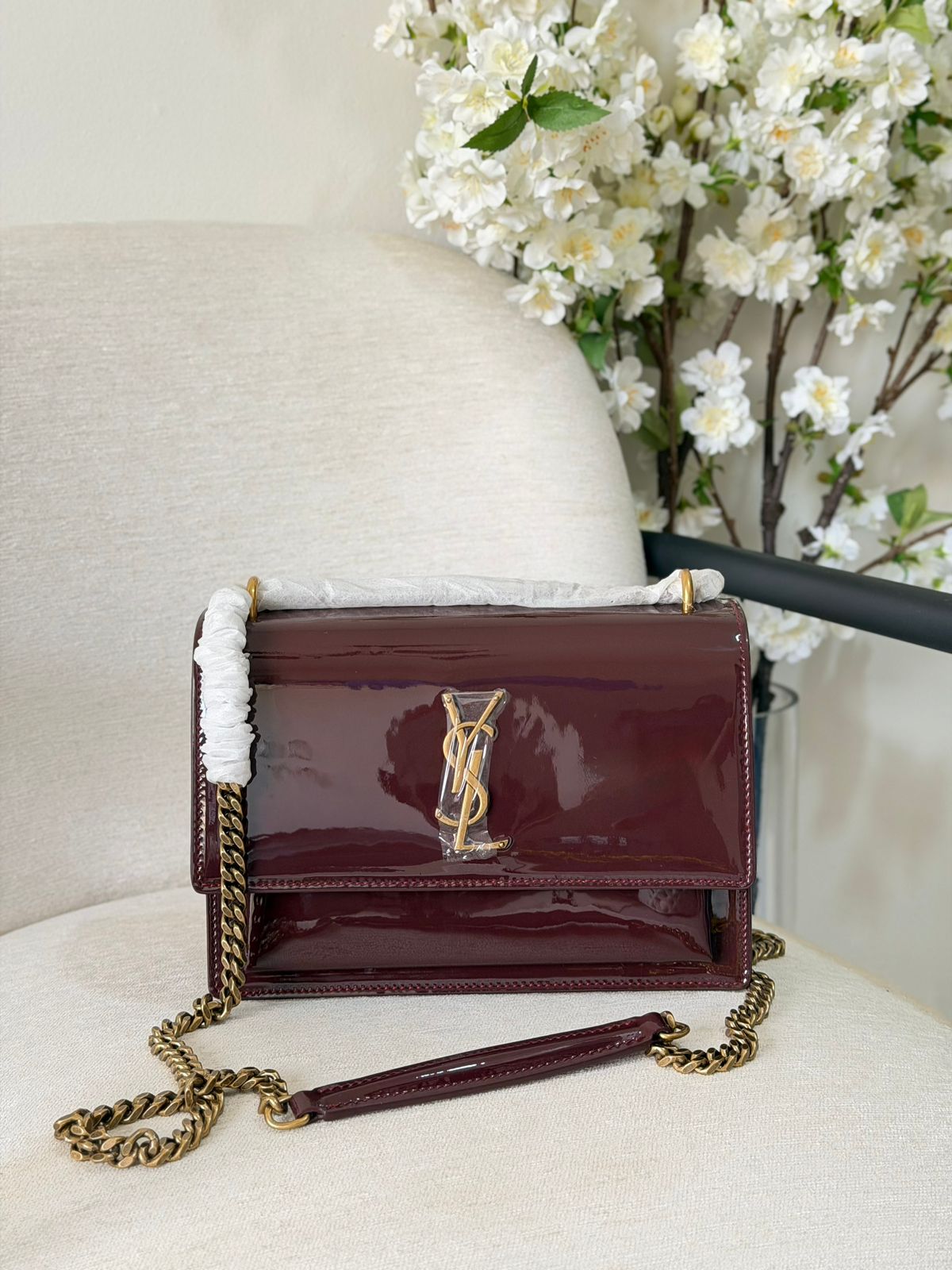 YSL Medium Sunset Logo Shinny Shoulder Bag