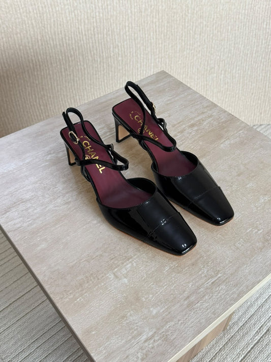 Chanel Shinny Black Slingback Heel