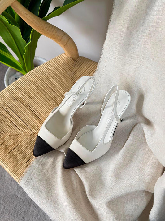 Chanel Two Tone Slingback Lambskin Heels
