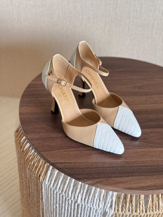 Chanel Pointed Toe White & Beige Slingback Sandals