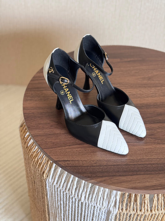 Chanel Pointed Toe White & Black Slingback Sandals