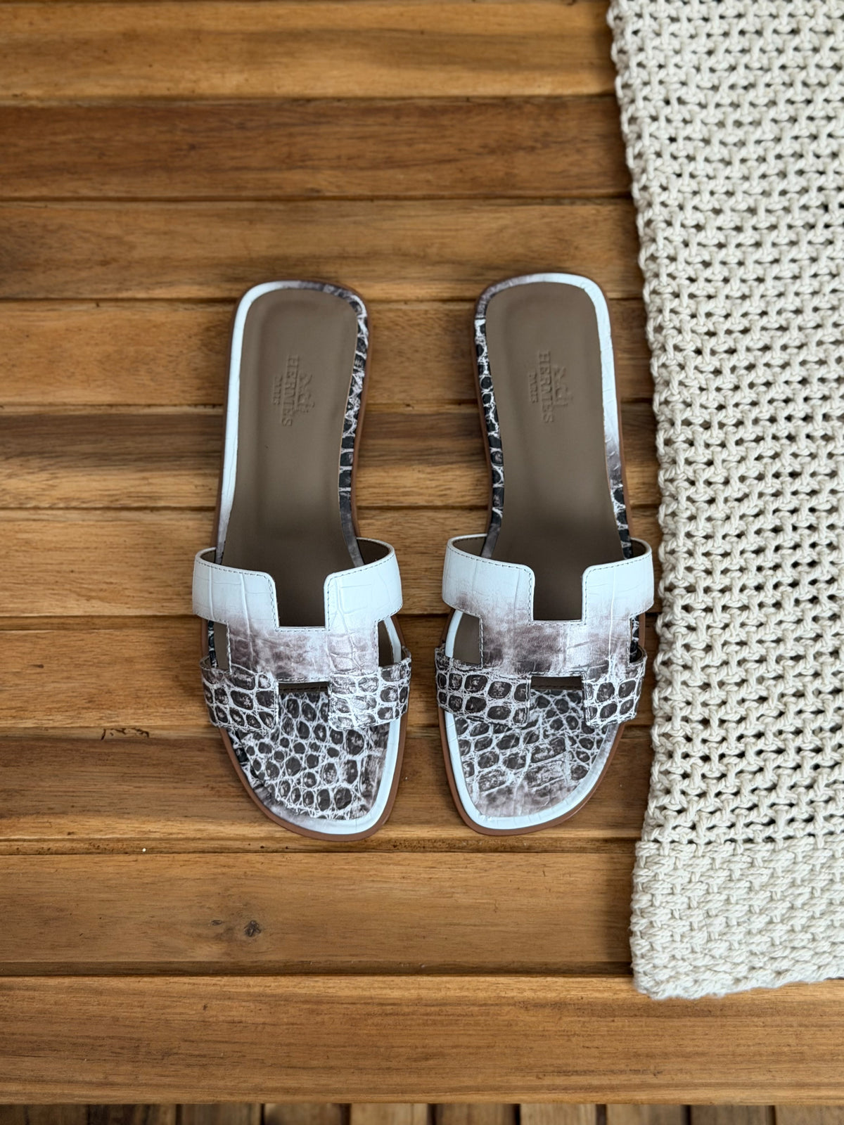 Hermes Oran Crocodile Embossed Flat Sandal
