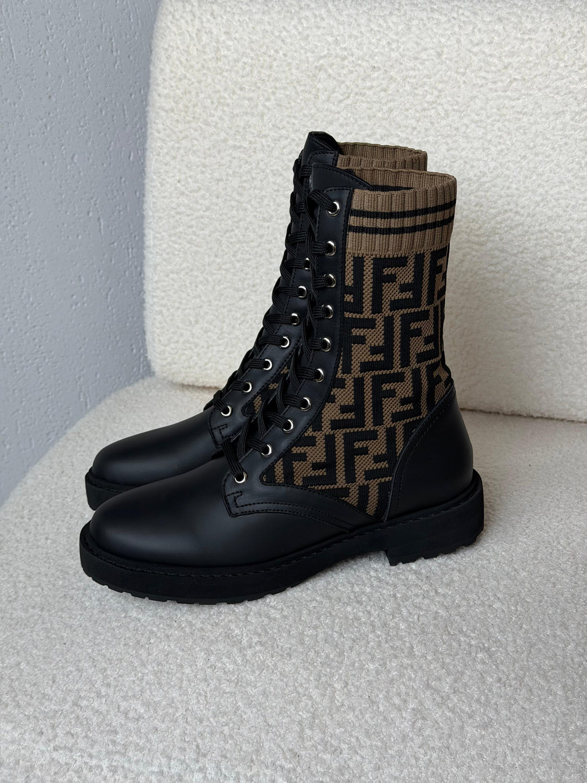 Fendi Black Leather Brown Febric Boots