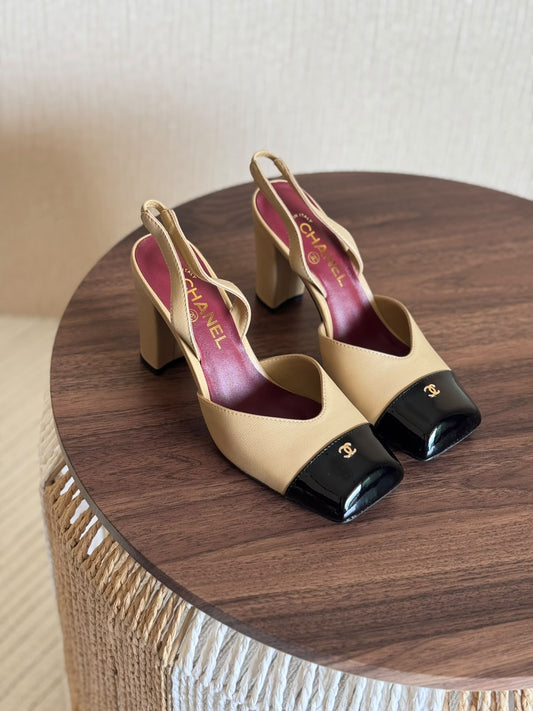 Chanel Black Square Toe Slingback Sandals