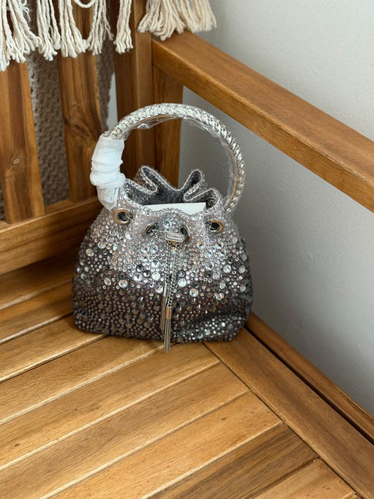 Jimmy Choo Crystal Embellished Circle Handle Bucket Bag