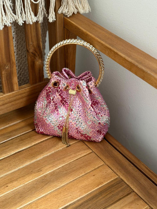 Jimmy Choo Crystal Embellished Circle Handle Bucket Bag