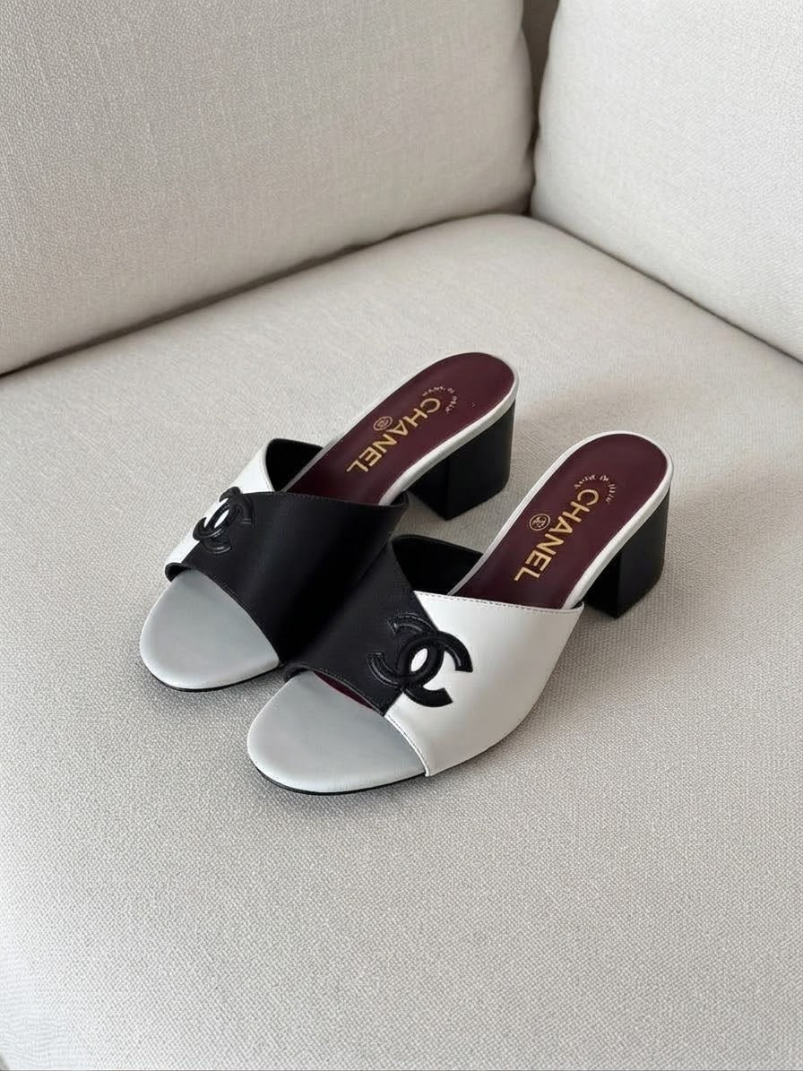 Chanel CC Logo Lambskin Leather Two Tone Semi Heel Mule