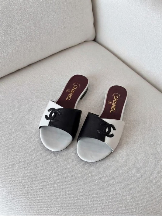 Chanel CC Logo Lambskin Leather Two Tone Flat Mule