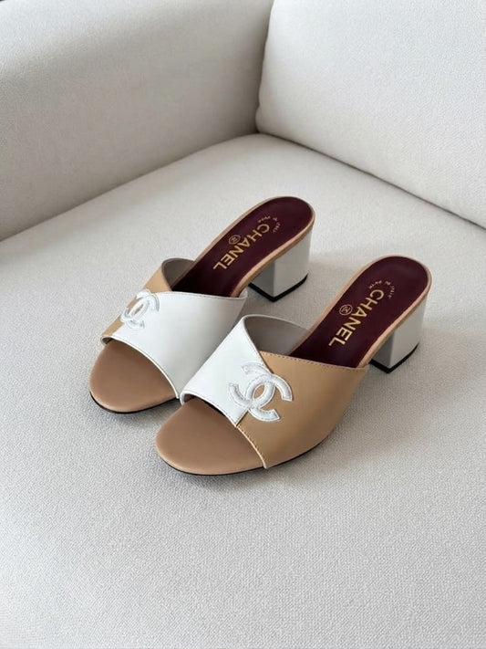 Chanel CC Logo Lambskin Leather Two Tone Semi Heels